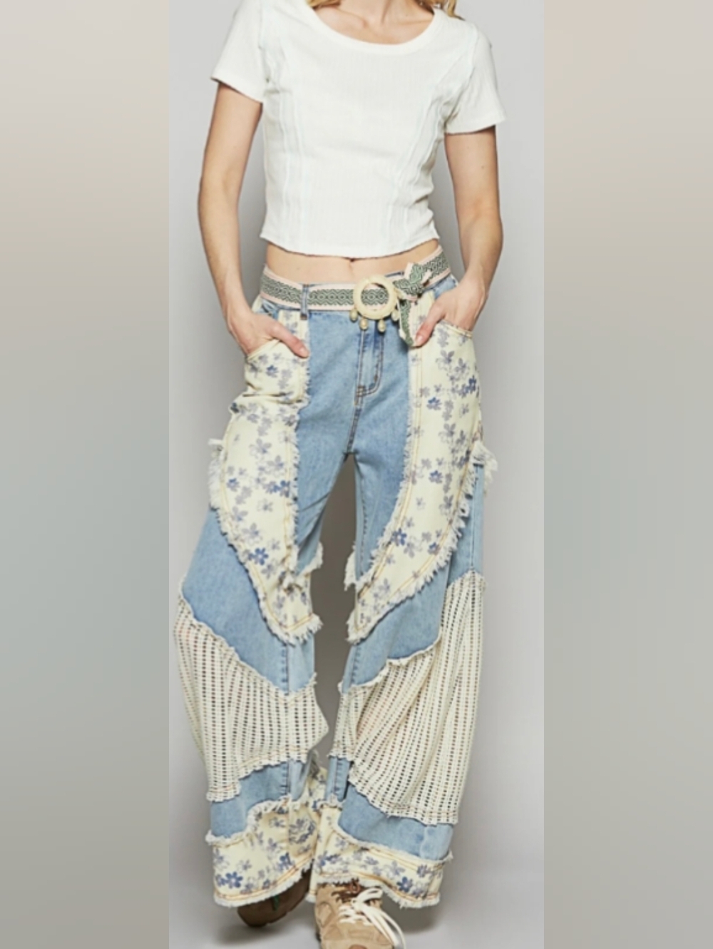 BIG DISCOUNT Women's Light Blue Patchwork Jeans Floral Crochet Contrasts